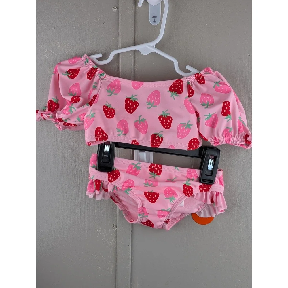 Wonder Nation Pink Strawberry Print Puff Sleeve 2 Piece Swimsuit 18M NWT